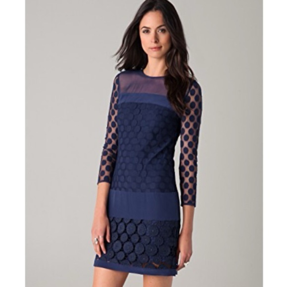 Diane Von Furstenberg ENNY banded lace navy blue polka dot sheath dress